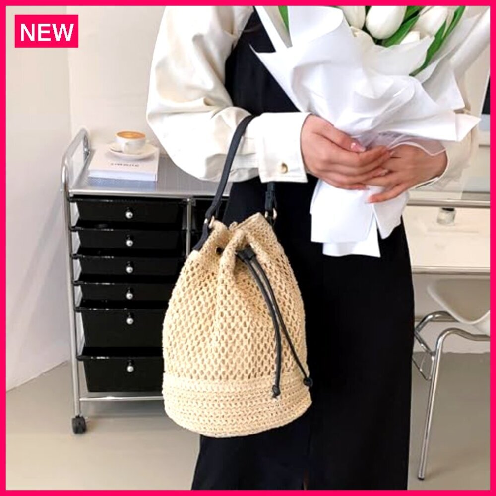 Straw Bucket Bag Woven Crossbody Hobo Drawstring Purse Beach Handbag - Picture 4 of 8